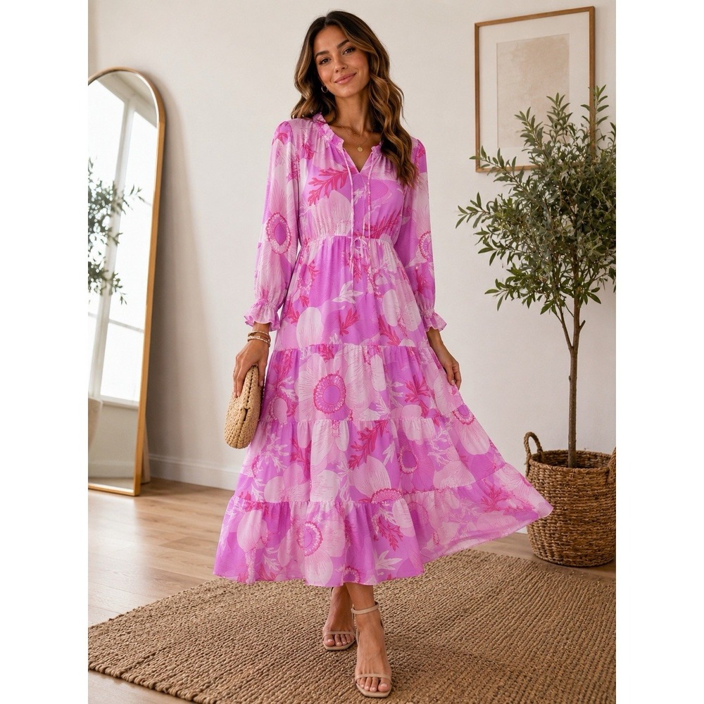NWT J Marie Maisie Tiered Pink Floral Long Sleeve Maxi Dress‎ Sz Small